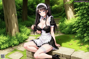 A woman in a maid outfit sitting on a bed.