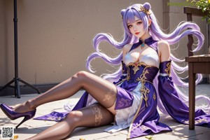 A woman in a purple dress sitting on a chair.