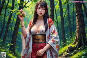 A woman in a green kimono is posing naked in the woods.