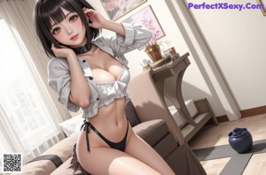 A woman in a pink lingerie sitting on a bed.