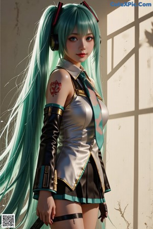 A woman with long blue hair wearing a skirt and headphones.