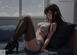 A naked anime girl sitting on a bed.