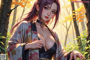 A woman in a blue and green kimono standing on a wooden bridge.