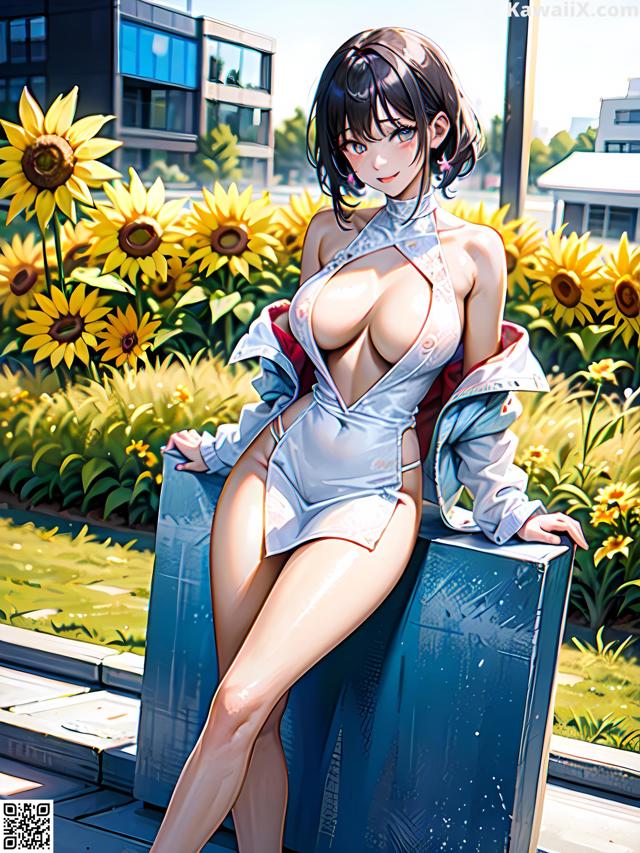 Hentai - 华彩繁花 Set 2 20230602 Part 7 No.5046b9 A woman in a white dress sitting on a bench in a field of sunflowers.