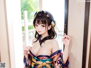 A woman in a kimono sitting on a window sill.