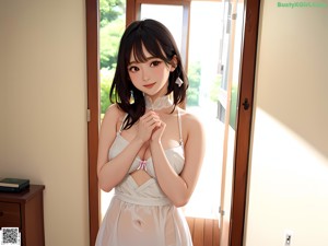 A woman in a purple bikini standing in the water.