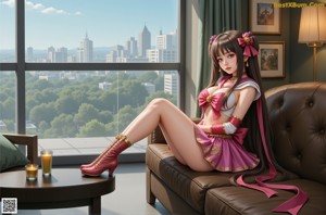 A woman in a purple dress holding a wand in front of a full moon.