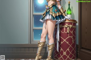 A woman in a maid outfit standing in front of a bed.