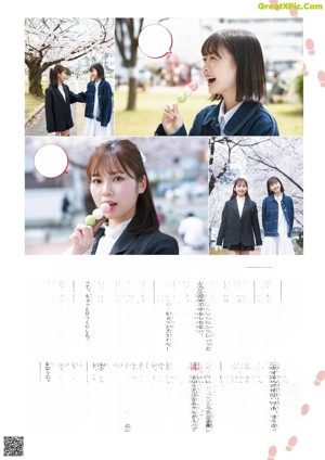 A magazine page with a bunch of pictures of girls in a park.