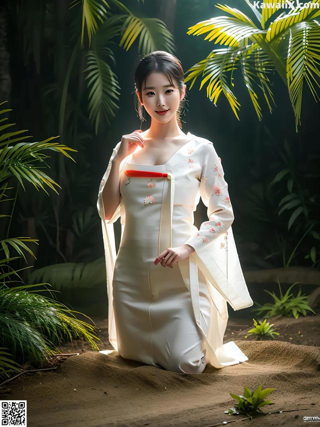 A woman in a white dress sitting on the ground.
