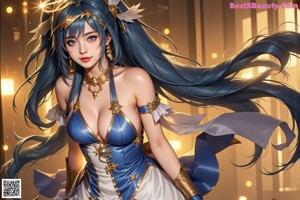 A woman with long blue hair wearing a white dress and blue shoes.