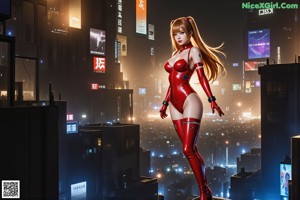 A woman in a red and black outfit standing in the middle of a city.