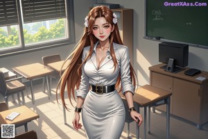 A woman in a skirt and blazer standing in front of a blackboard.