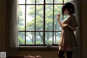 A woman standing in front of a window looking out at the city.
