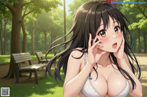 A naked anime girl sitting next to a white rabbit.