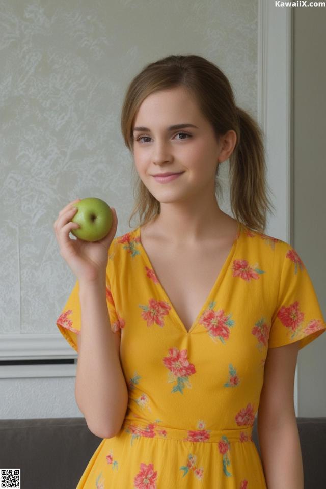 A woman in a yellow dress holding an apple.