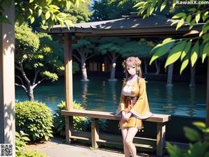 A woman in a yellow and blue kimono posing for a picture.