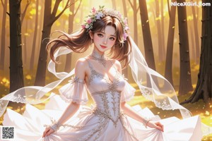A woman in a wedding dress standing in the woods.