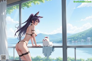 A woman in a bikini with a cat on her back.