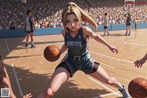 A girl in a pink uniform holding a basketball on a court.