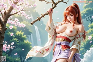 A woman with long red hair in a traditional outfit holds a sword under cherry blossoms.