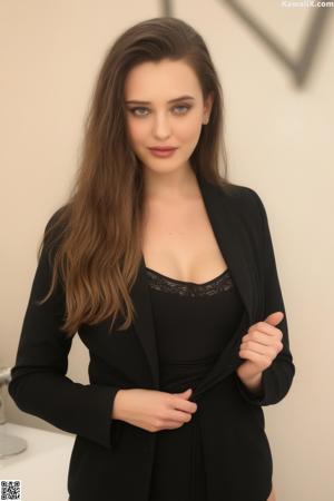 A woman sitting on top of a bed in a black dress.