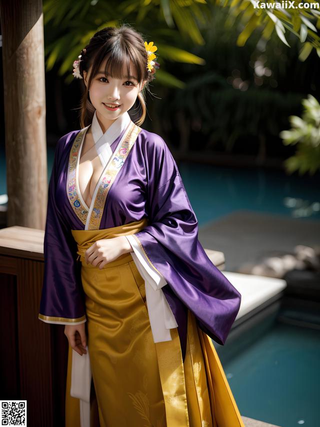 A woman in a purple and yellow hanbob posing by a pool.