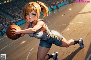 A woman in a green and orange uniform holding a basketball.