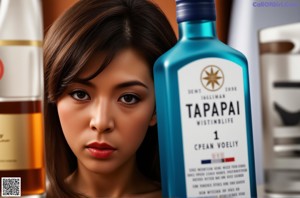 A woman sitting at a table in front of a bar.