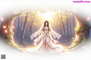 A woman in a wedding dress standing in the woods.