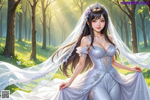 A woman in a wedding dress standing in the woods.