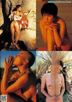 A naked woman standing in the woods with a feather on her head.