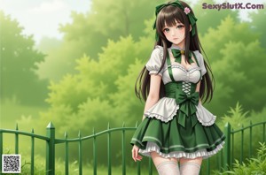 A girl in a green dress and white tights leaning against a wall.