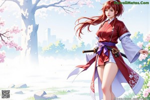 A woman with long brown hair and traditional attire stands outdoors amidst cherry blossoms.