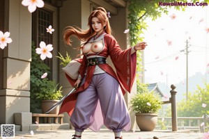 A woman in a red and purple outfit with large breasts, surrounded by cherry blossoms.