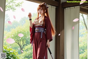 A woman with red hair walks outdoors, holding a staff, surrounded by cherry blossoms and stone pillars.