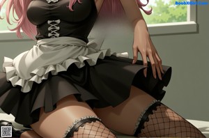 A woman in a maid outfit standing in a kitchen.