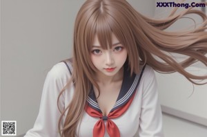 A woman in a school uniform posing for a picture.