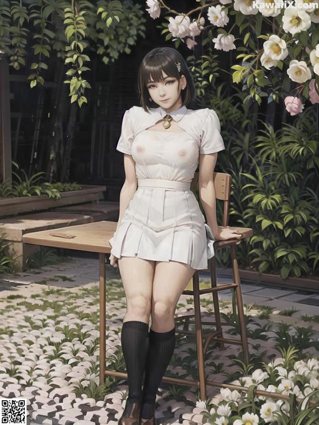 A woman in a white dress sitting on a wooden chair.