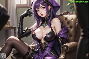 A woman with long purple hair sitting on a couch.