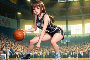 A woman in a red and white uniform dribbling a basketball.