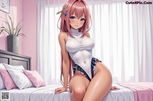 A naked anime girl sitting on a bed.