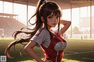 A girl in a red and white shirt and black shorts standing on a soccer field.