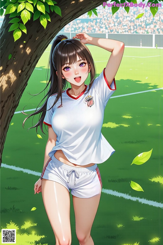 A woman in a soccer uniform standing under a tree.