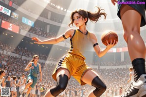 A woman in a basketball uniform holding a basketball on a court.