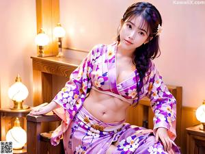 A woman in a purple and white kimono posing for a picture.