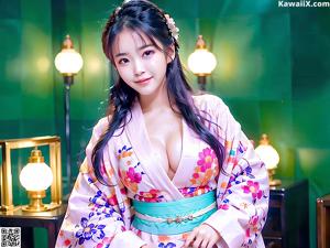 A woman in a kimono sitting on a bed.